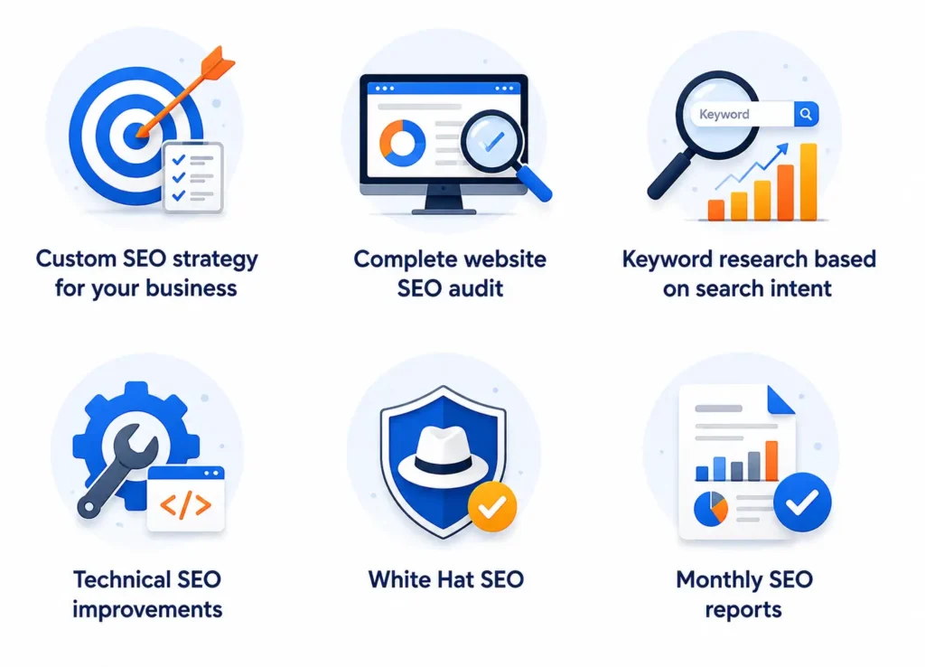 Custom SEO strategy for your business Complete website SEO audit Keyword research based on search intent Technical SEO improvements Monthly SEO reports Transparent communication Ethical White Hat SEO Continuous website optimization